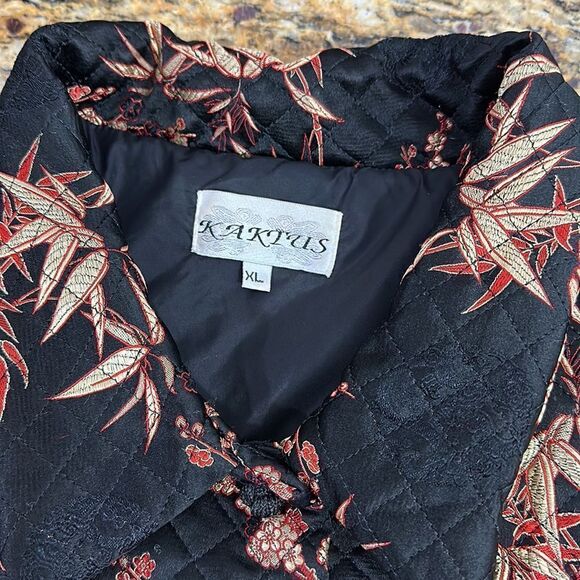 Kaktus Silk Black Floral Embroidery Quilted Button Front Jacket Size XL - Picture 5 of 10